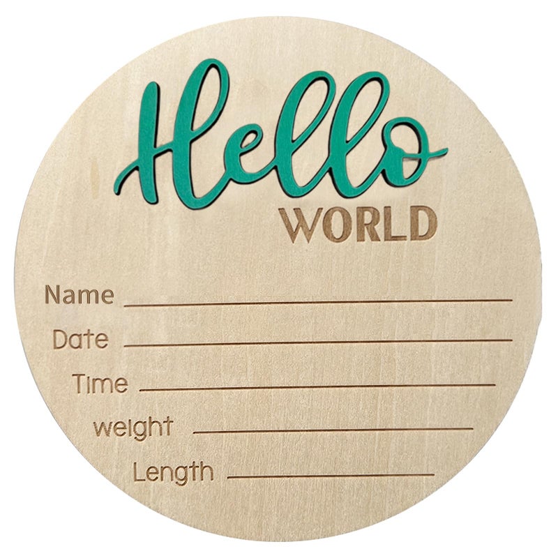 LZEDIRA Baby Announcement Sign - 5.9 Inch Wooden Hello World Newborn Welcome Plaque, Birth Announcement for Hospital, Newborn Name Sign for Photo Props, Baby Shower, Nursery (Green) - Image 1